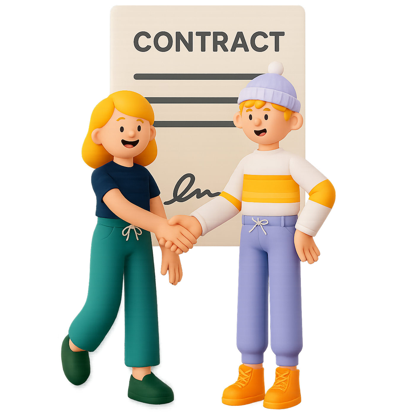 Man having a handshake with a woman with huge signed document in the background represeting a signed contract