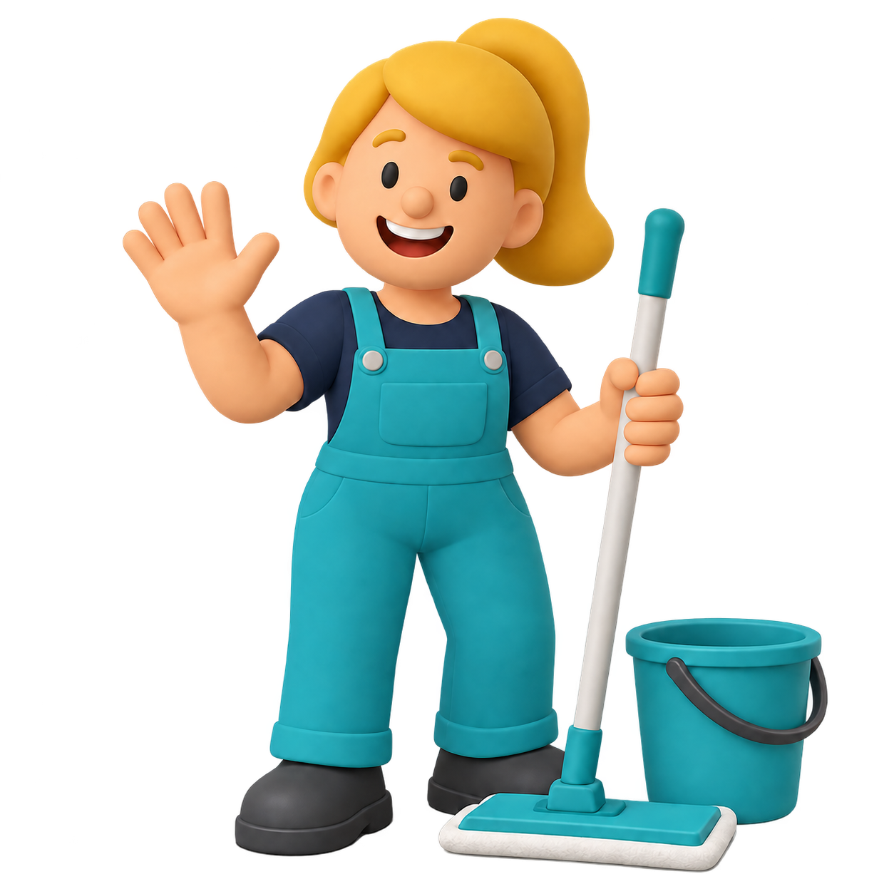 Bisse cleaning mascot waving with a mop and bucket