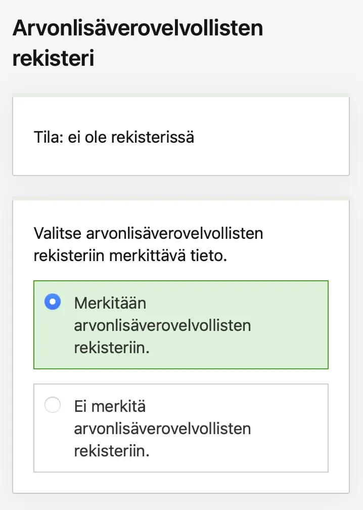 OmaVero-näkymä ALV-rekisteröinnin valinnasta