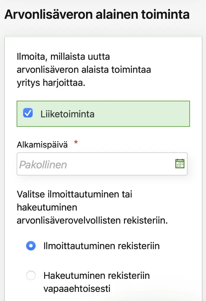 OmaVero-näkymä ALV-velvollisen toiminnan valinnasta