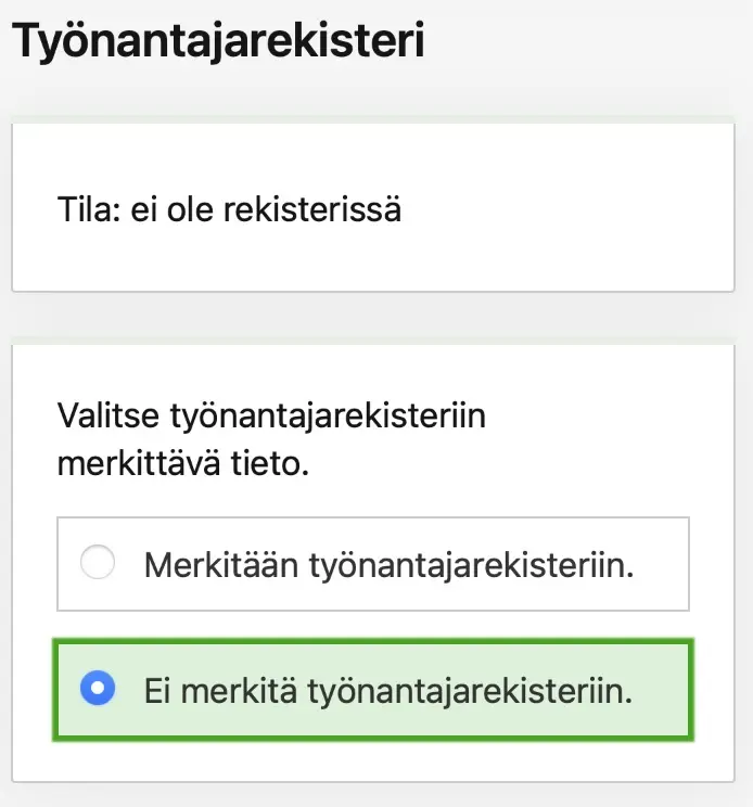 OmaVero-näkymä työnantajarekisterin valinnasta
