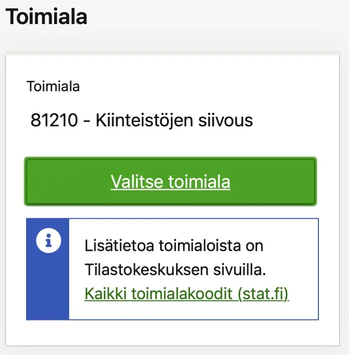 OmaVero-näkymä toimialan valinnasta