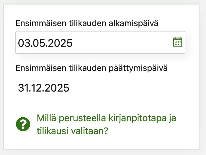 OmaVero-näkymä tilikauden aloituspäivän valinnasta