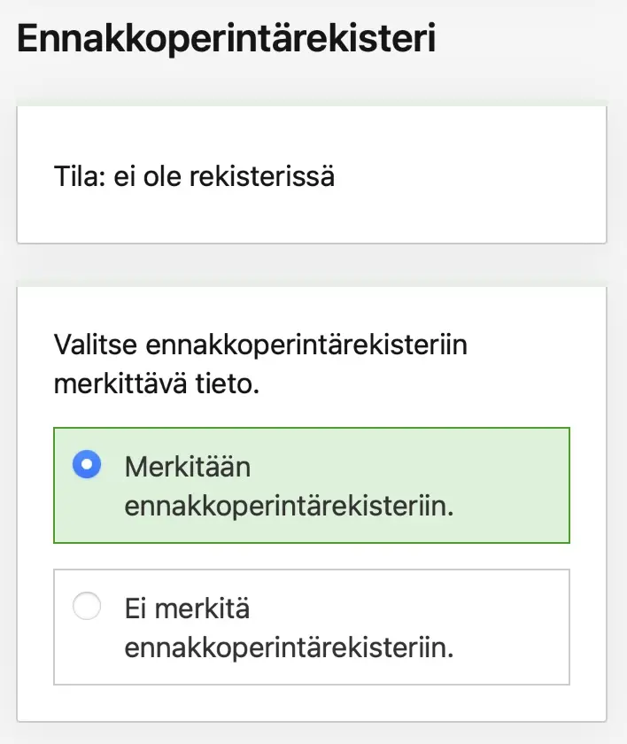 OmaVero-näkymä ennakkoperintärekisteriin liittymisestä