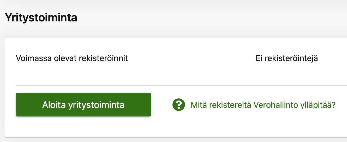 Näkymä OmaVerosta, jossa valitaan "Aloita yritystoiminta"