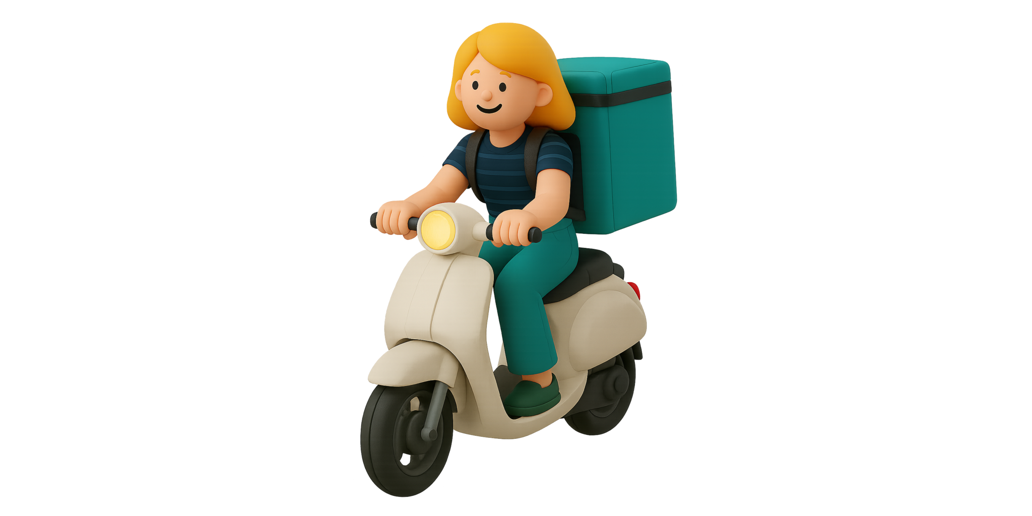 Girl Food courier driving on a scooter on the street with a backpack full of food