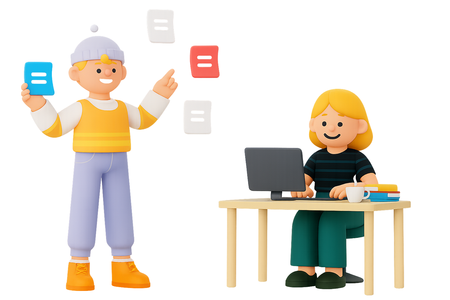 Man juggling multiple invoices and woman on a laptop