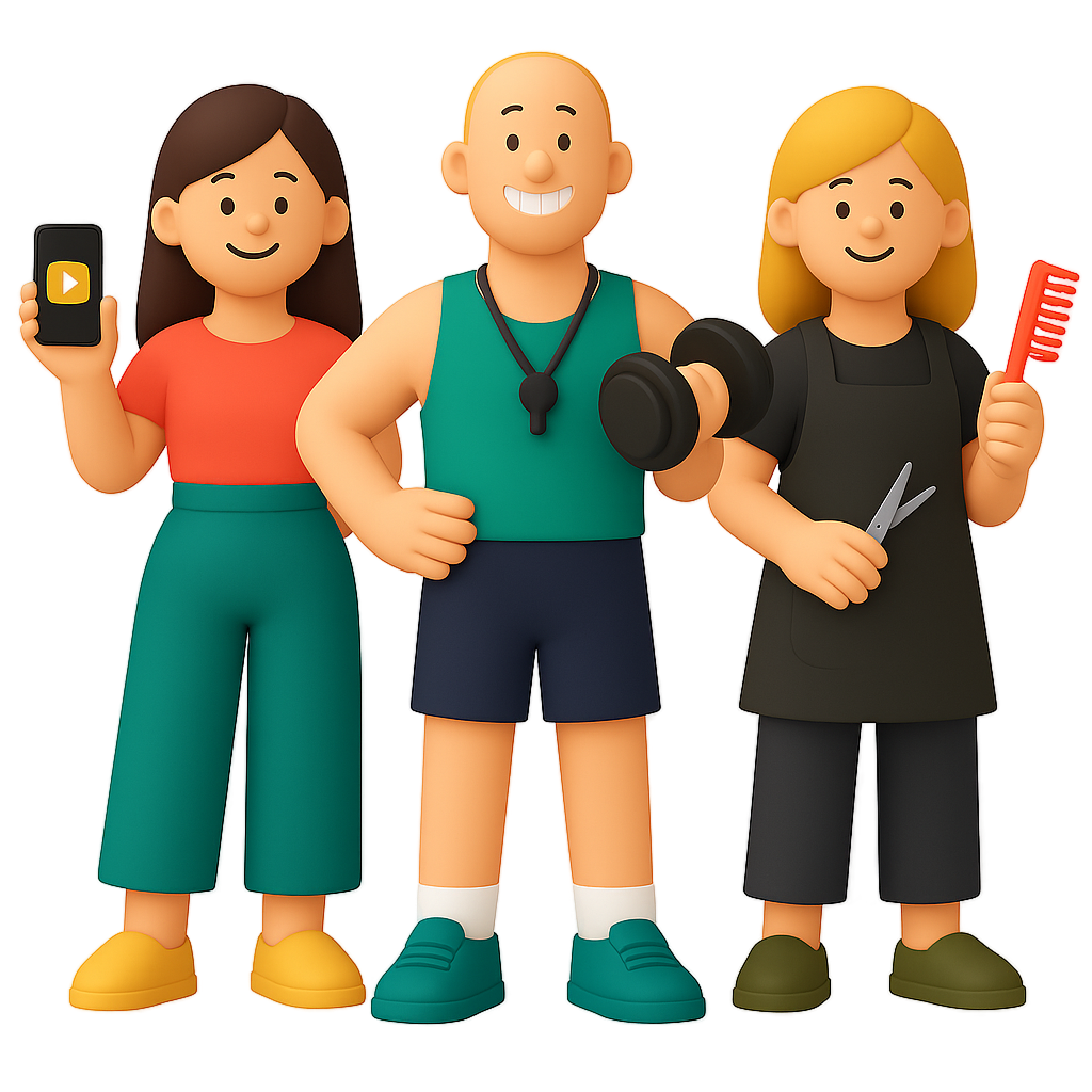 Three entrepreneurs, social media influencer female, personal trainer male and hairdresser female